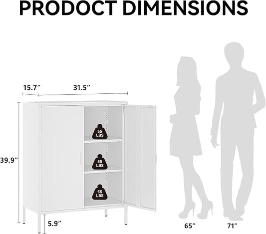 COFaR White Metal Storage Cabinet, 40” Kitchen Buffet & Coffee Bar Cabinet with Adjustable Shelves, 3-Tier Steel Organizer with Magnetic Doors, Sideboard for Dining Room, Home Office