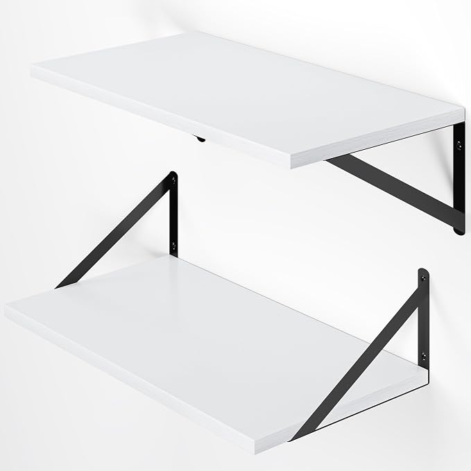 Heimlove White Deep Floating Shelves for Wall, 20W x 12D Wood Wall Shelves Set of 2, Wide Floating Bookshelf for Living Room, Kitchen, Office, Bedroom and Decor Storage, with Black Bracket - White
