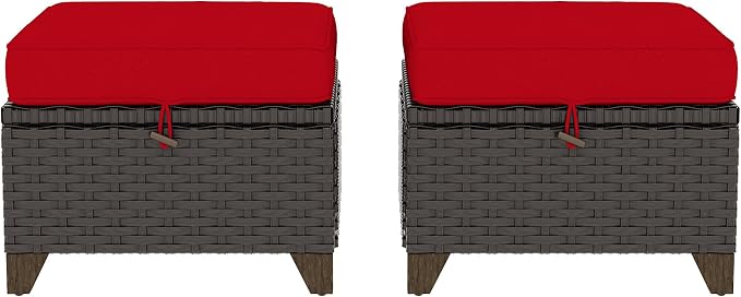 2 Pieces Patio Outdoor Ottomans with Removable and Washable Covers,PE Rattan Wicker Footstools for Porch, Garden, Sunroom (Red)