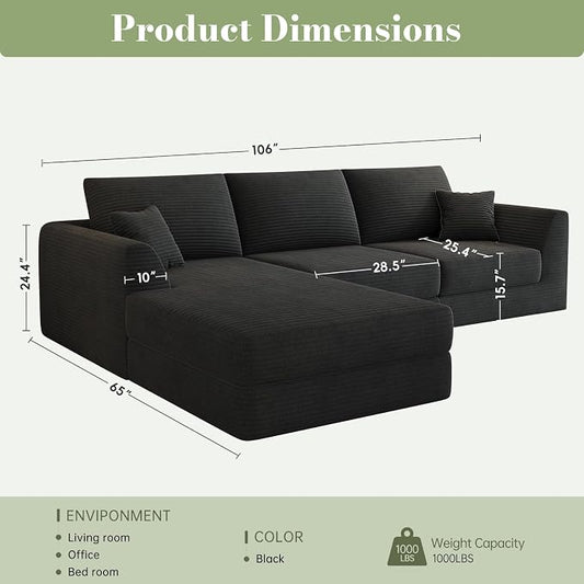 106" Modular Sectional Sofa with Reversible Chaise, Black Corduroy L-Shaped Cloud Couch for Living Room Apartment, 3-Piece Set, No Assembly Required, High-Density Supportive Foam