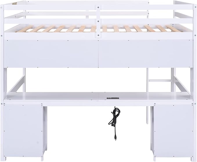 Full Size Loft Bed with Desk, Storage Cabinets, Drawers and Bedside Tray, Multifunctional Full Beds with Plug Outlets & 2 USB Port, White