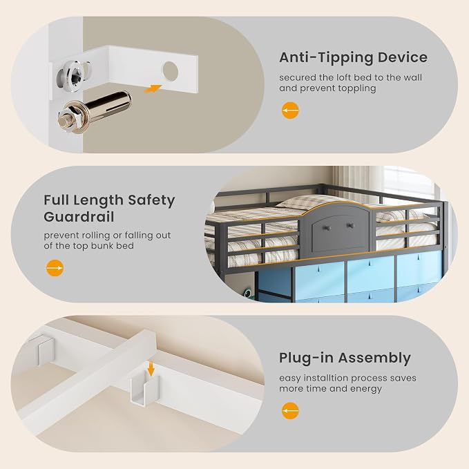 VIAGDO Low Loft Bed Full Size with 9 Storage Drawers and LED Lights, Metal Full Size Loft Bed with Stairway Shelf Storage, Low Loft Bed with Safety Guardrail and Under-Bed Hideaway for Kids, Grey