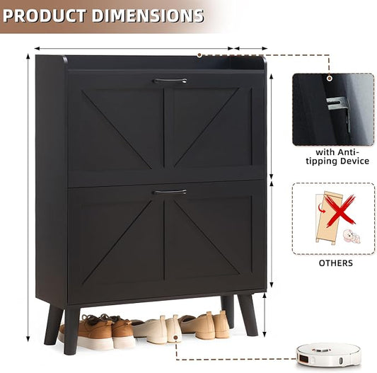 LEYAOYAO Shoe Cabinet Storage for Entryway with 2 Flip Drawers Rack Narrow Organizer Slim Hidden Wood Shoe Cabinet Furniture Black