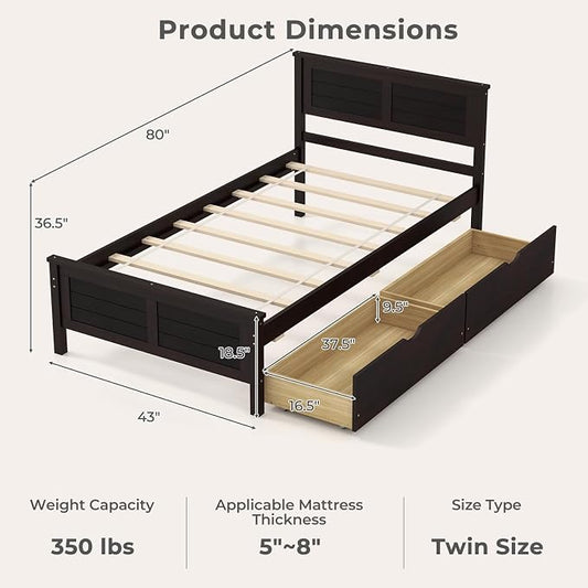 Giantex Wood Twin Bed with 2 Storage Drawers, Solid Wood Platform Bed with Headboard, Wooden Slats Support Mattress Foundation, No Spring Needed, Twin Bed Frame for Kids, Teens, Adults, Espresso