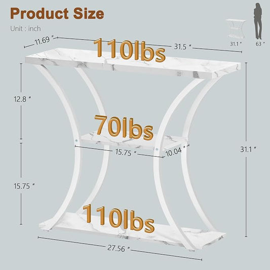 Hoctieon 3 Tier Console Table with Open Wood Shelves, Decorative Entryway Table with Curved Metal Frames, Narrow Sofa Table for Entrance, Living Room, Hallway, White Marbled