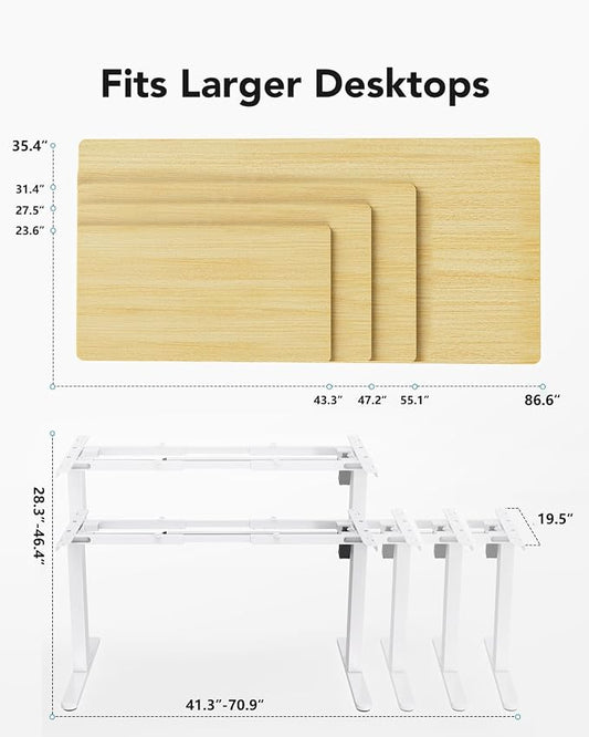 HUANUO Standing Desk Frame with 220lbs Powerful Brushless Motor, Double Crossbeam Structure, Thick Adjustable Desk Legs, for Max 35.4″ x 86.6″ Desktop, for Home Office, White Frame Only