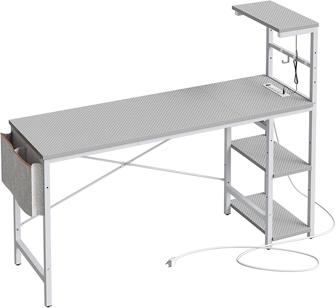 Bestier Gaming Desk with Power Outlets, 61 Inch Large Led Gamer Desk with 4 Tiers Reversible Shelves, PC Gaming Table with Headset Hook & Side Storage Bag for Bedroom (Grey 3D Carbon Fiber)