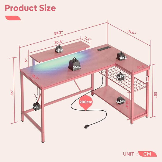 Bestier 52" Gaming Desk with Integrated Power Outlet & USB Ports, L-Shaped Computer Desk with LED Strip & Headphone Hooks, Perfect for Home Office Pink