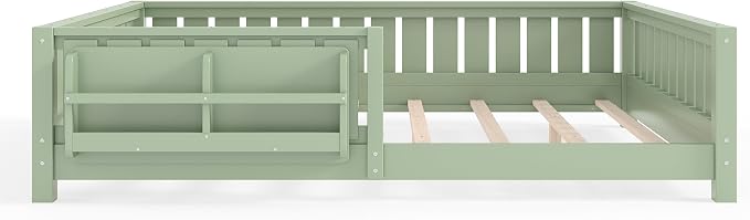 Bellemave Queen Size Floor Bed with high Rails and with Built-in Bookshelf for Kids, Girls, Boys, Wood Montessori Floor Bed Without Door, Avocado Green