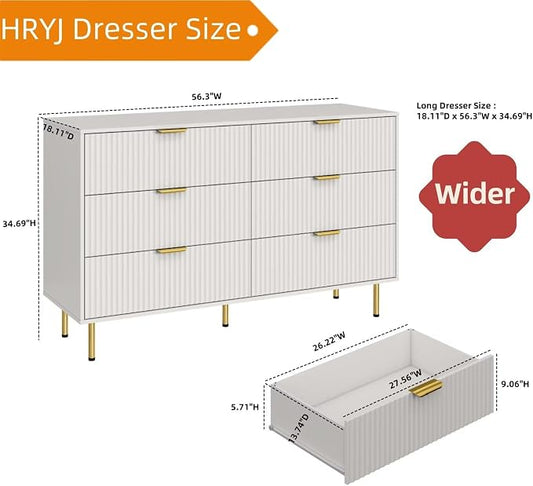White Fluted 6 Drawers Dresser for Bedroom with Gold Handle, 56" Wide Modern Wooden Chest of Drawers, Bedrooms Tv Stand Storage Organizer Dressers for Living Room Closet