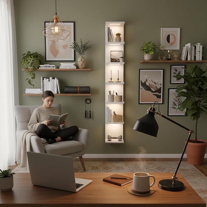 VIWODS 7 Tier Wall Shelf with Lights, White Lack Wall Shelf, Display Floating Shelves with Remote Control for Home Decor Bedroom Vanity