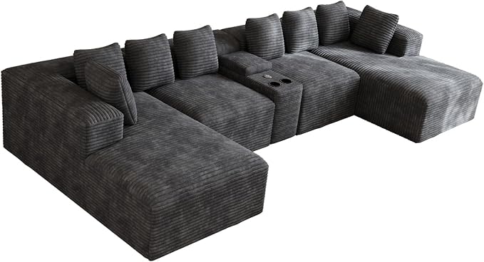143" Oversized U Shaped Cloud Sectional Couches for Living Room, Comfy Fluffy Corduroy Dark Grey Boneless Couch, Large Modular Sectional Sofa Set with Chaise, Cup Holder, USB Port, Storage Console
