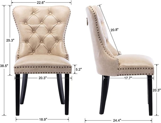 EALSON Modern Dining Chairs Set of 2 Mid Century Leather Dining Room Chairs with Wood Legs Tufted Upholstered Kitchen Side Chairs with Nail Head Trim for Dining Room/Living Room, Beige with Ring