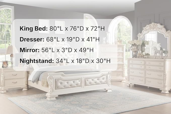 First of a Kind Victoria Off White Traditional 4 Piece King Bedroom Set with Upholstered Tufted Headboard Elegant European Inspired Design Coordinated Furniture Collection