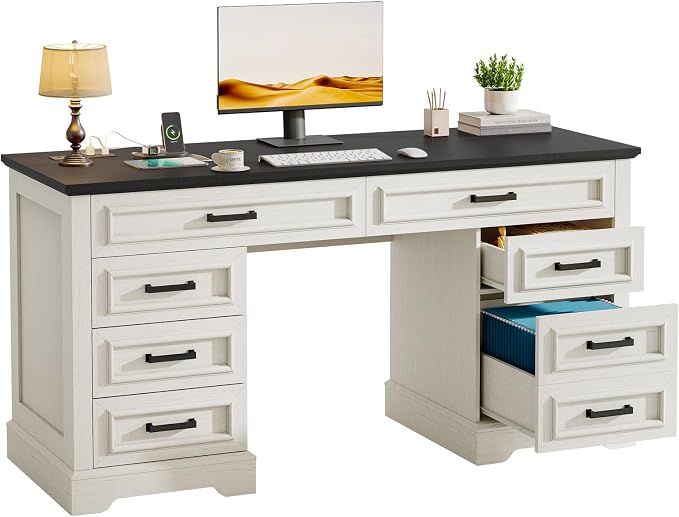 58" Executive Desk with 7 Drawers, Large Computer Desk with Charging Station , Wood Home Office Desk with File Drawer for Letter/A4 Size Hanging Files for Home Office,Rustic White and Rustic Black