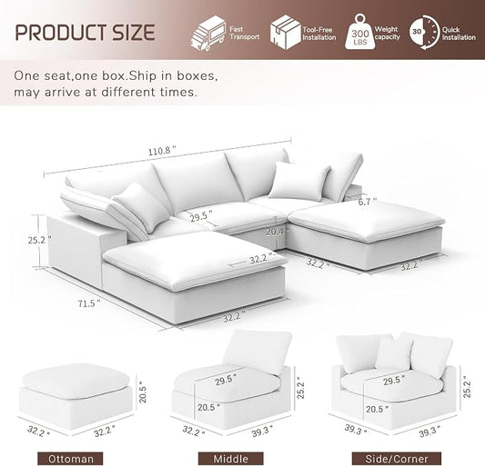 Modular Sectional Sofa,Extra Comfty Deep-Seat-Filled Couch,White 5 Seat U Shape Sofas with Movable Ottoman,Modern Couches for Living Room, Apartment,Office,Small Space