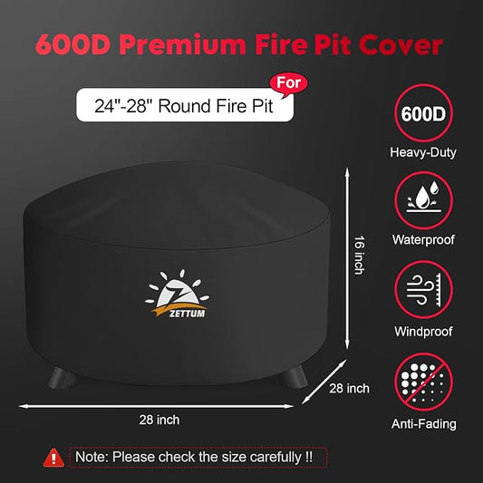 Zettum Fire Pit Cover Round 28 Inch - Outdoor Firepit Cover Heavy Duty & Waterproof, 600D Patio Fire Table Cover Gas Fire Pit Accessories Fit 27" Solo Stove Yukon Series Firepit - 28 x 28 x 16 Inch