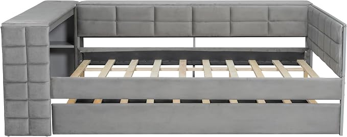 Bellemave Full Corner Bed Frame with Trundle and Storage Shelves and Desk, Wood Full Size Upholstered Daybed with Trundle and Charging Station, Gray