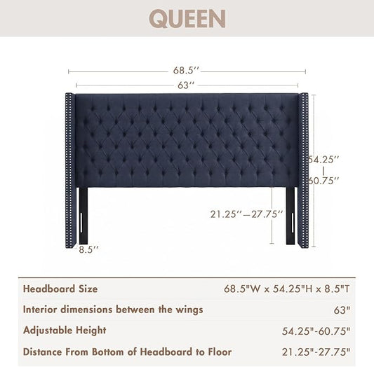 Madison Park Queen Wingback Upholstered Tufted Headboard, Featuring High-Density Sponge Padding, Adjustable Height Headboard, Easy Assembly, Navy