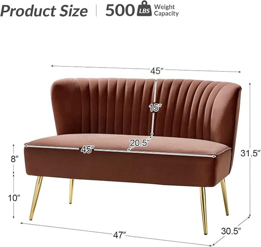 TINA'S HOME Mid-Century Velvet Loveseat Sofa, Upholstered Loveseat Couch with Golden Metal Legs, Small Tufted 2-Seat Sofa Armless Love Seat for Living Room Bedroom, Burn Brick