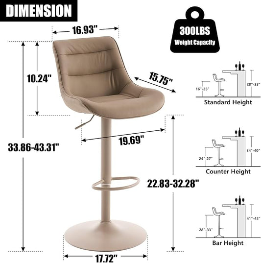 Kidol & Shellder Adjustable Bar Stools Set of 2, Faux Leather Counter Height Bar Stools with Back, Modern Mid Century Upholstered Barstools for Kitchen Island Khaki