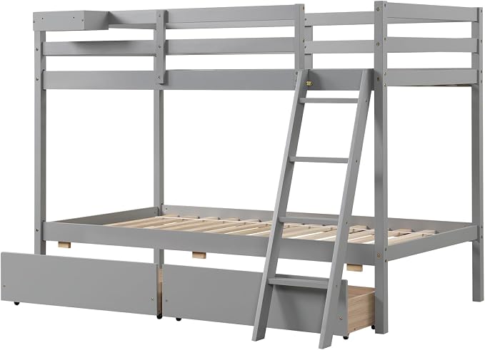 KOTEK Bunk Bed Twin Over Twin with 2 Storage Drawers, Solid Wood Bunk Bed Frame with Storage Cube, Guardrails, Ladder, No Box Spring Needed, Twin Bunk Beds for Kids Teens (Grey)