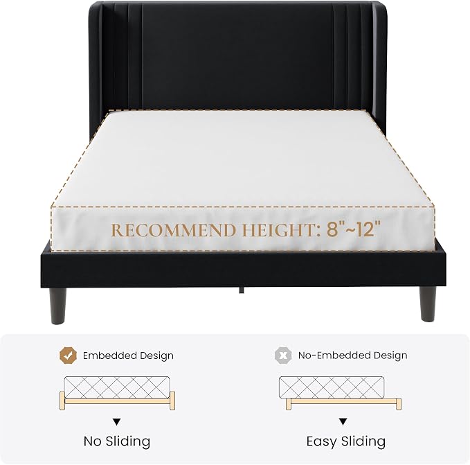 SHA CERLIN Full Size Velvet Upholstered Platform Bed Frame with Vertical Channel Tufted Wingback Headboard, Wooden Slats Support, Easy Assembly, Under Bed Storage, No Box Spring Required, Black