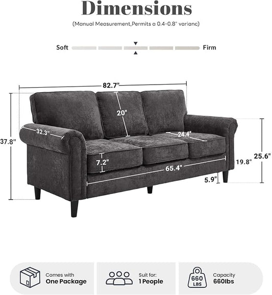 Kingfun 3 Seater Couch, Mid Century Modern Sofa with Rolled Arms and Deep Seats, Fluffy Comfort for Living Room, Apartment, Easy Assembly, Gray