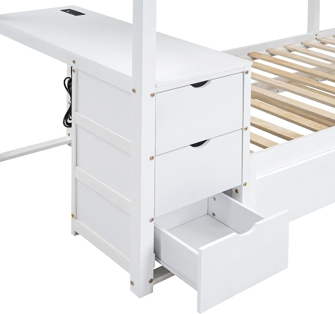 Harper & Bright Designs Twin Over Twin Bunk Bed Twin Size Trundle, Wood Twin Bunk Bed with USB Ports, Storage and Desk, White
