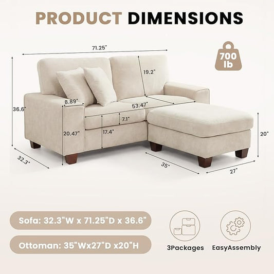 DOPEDIO L-Shaped Sectional Sofa with Storage Ottoman, Modern Chenille Recliner Loveseat, Removable Couch Covers, Pocket Spring Cushions, Solid Wood Frame, Easy to Install (71.25inch, Beige)