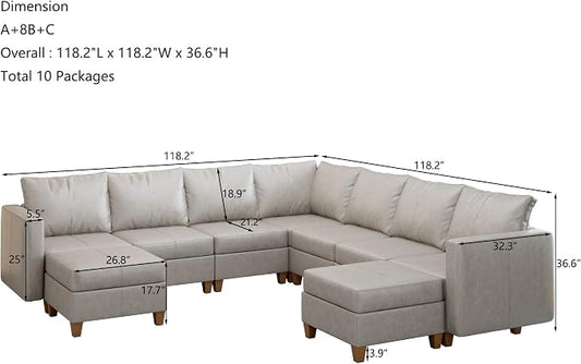 EASE MOOSE Leather Sectional Couch Sofa with Storage,Faux Leather Modualr Sectional Sofa Brown U Shaped Modular Couch,Whitesand
