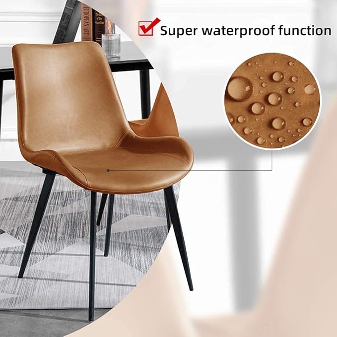 HIPIHOM Dining Chairs Set of 2, Modern Kitchen & Dining Room Chairs, Upholstered Faux Leather Cushion Seat and Sturdy Metal Legs (2 Brown Chairs)