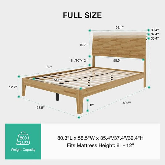 Novilla Full Size Bed Frame with 3-Level Adjustable Storage Headboard, Solid Wood Platform Bed Frame with Slats, No Box Spring Needed, Noise Free, Natural Finish for Master Bedroom and Guest Room