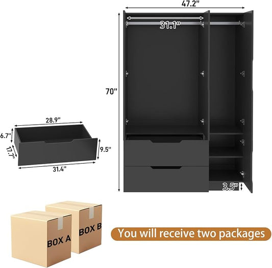 Hlivelood 3 Doors Armoire Wardrobe Closet with Mirror,2 Large Drawers, LED Light Wood Wardrobe Closet, Armoire with Hanging Rod for Bedroom, Black
