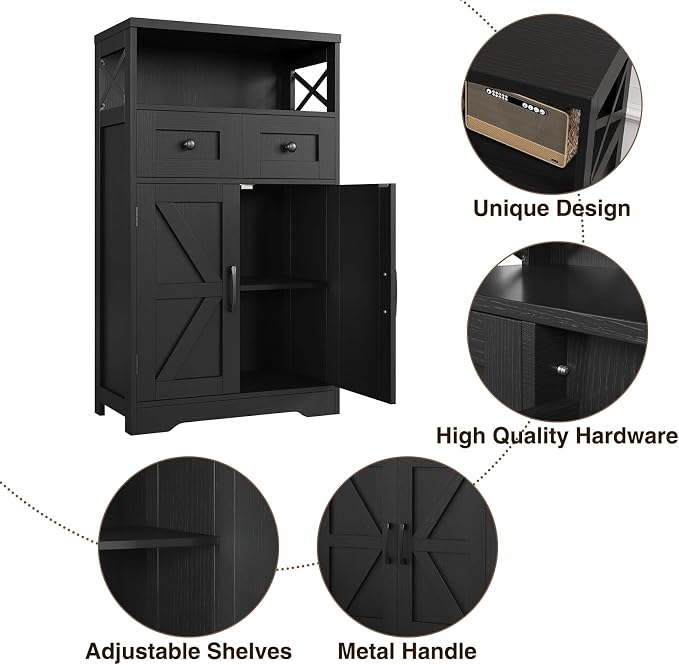 Befrases Set of 2 Black Storage Cabinet with Drawers and Shelves, Freestanding Black Kitchen Pantry, Floor Storage Cabinet Hutch Cupboard for Dining, Living Room, Home Office
