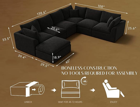 ohllob Oversized Sectional Couches for Living Room, Cloud Boneless Couch, 7 Seater Large Modular Sectional Sofa, Black