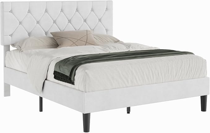 VECELO Queen Size Bed Frame with Diamond Tufted Headboard, Upholstered Platform Bedframe with Wood Slat Support, No Box Spring Needed, Velvet & White