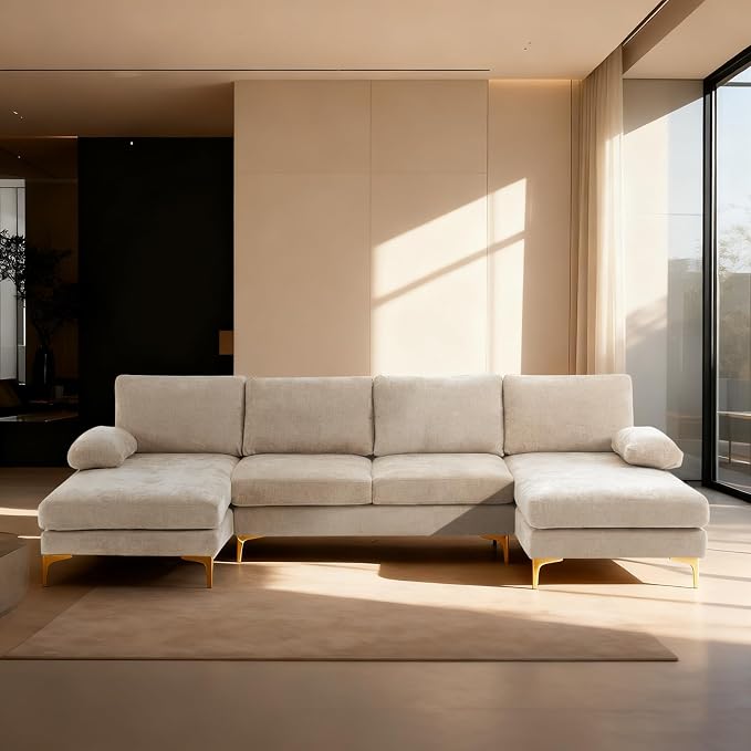 Karl home Convertible Sectional Sofa 110" U-Shape Sofa Couch 4-Seat Couch with Chaise ChenilleFabric Upholstered for Living Room, Apartment, Office, Camel