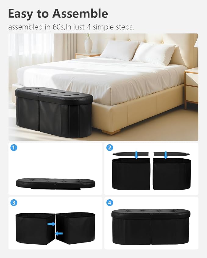 AmasSmile Footrest Ottoman Bench with Storage,34Inch Footstool, Coffee Table, Padded Seat, Storage Chest,Blanket Store with Flipping Lid for Livingroom and Bedroom (Black(Leather))