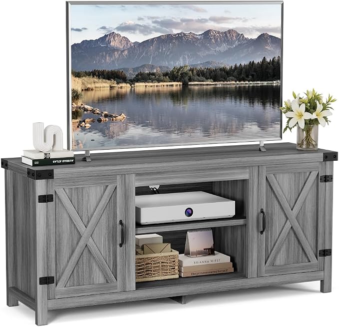 YESHOMY Modern Farmhouse TV Stand with Two Barn Doors and Storage Cabinets for Televisions up to 65+ Inch,Entertainment Center Console Table,Media Furniture for Living Room,Light Grey