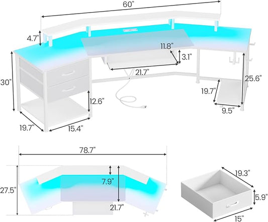 Itaar 79" Gaming Desk with 2 Fabric Drawers, Long Computer Desk with Power Strip & LED Lights, U Shaped Desk with Storage and Cup Holder, Large Gaming Table for Bedroom, Carbon Fiber White