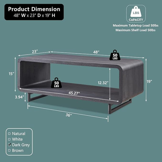 IFGET 48" Modern Coffee Table, 2-Tier Minimalist Center Table with Storage Shelf, Curved Profile Design, Wooden Rectangular Living Room Table w/Wood Thick Design for Living Room, Office, Dark Grey