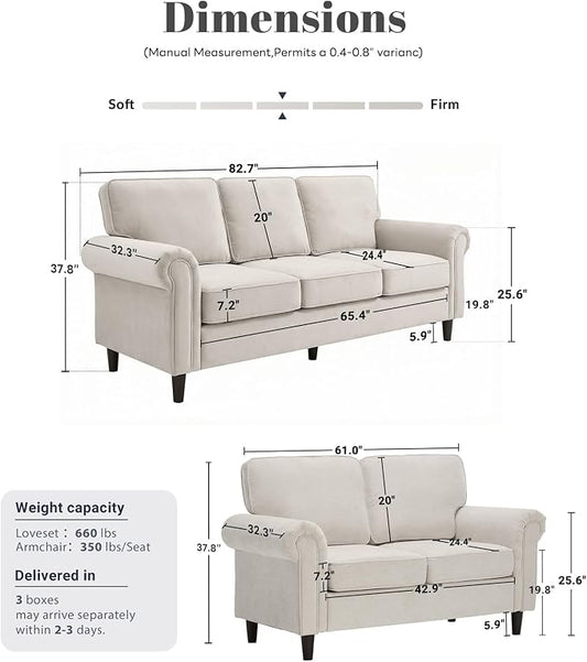 Kingfun Loveseat 2 & 3 Seater Couch with Chair, Mid Century Modern Chenille Sofa Set with Rolled Arms and Deep Seats, Fluffy Comfort for Living Room, Apartment, Easy Assembly, Beige
