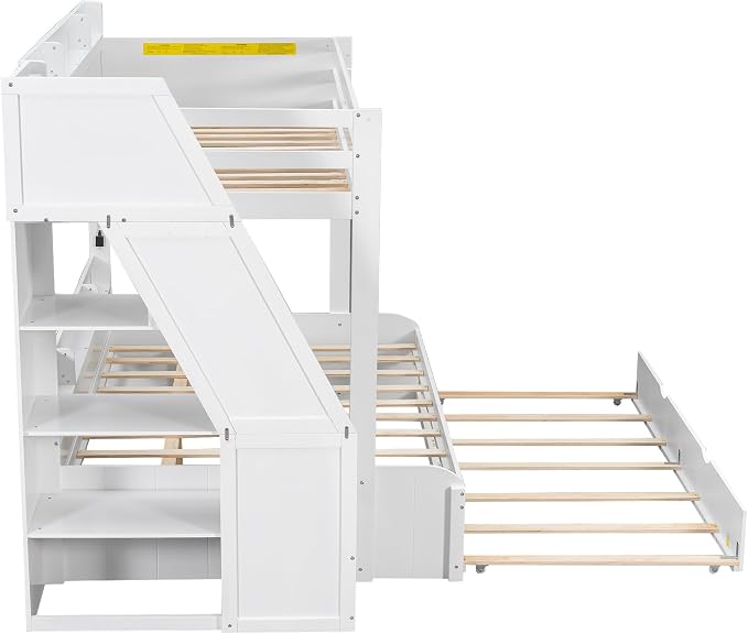 Twin Over Full Bunk Bed with Storage Staircase and Trundle,Storage Shelves, LED and USB,for Kids Teens Adults Bedroom Use (White-USB, Twin Over Full)