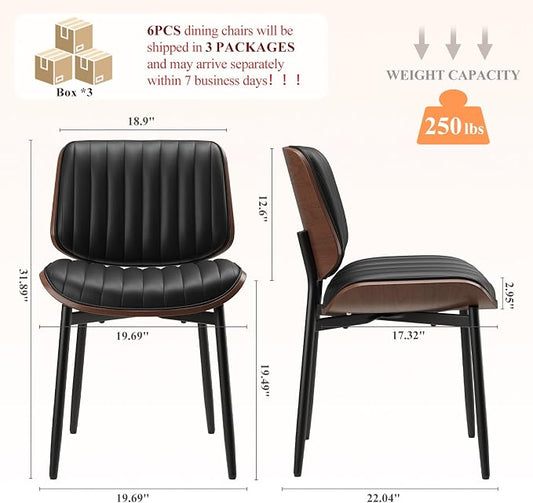 MALOL Leather Dining Chairs Set of 6, Modern Upholstered Dining Room Kitchen Chairs with Metal Legs and Wooden Back Support for Home Dining Room/Restaurant, Black