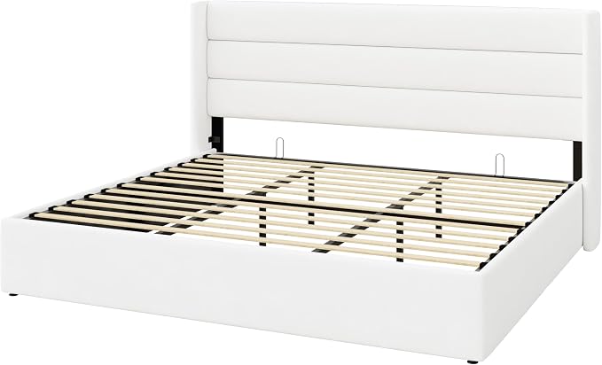 SHA CERLIN King Size Lift Up Storage Bed/Velvet Upholstered/Modern Wingback Headboard/Upholstered Platform Bed Frame/Hydraulic Storage/No Box Spring Needed/White