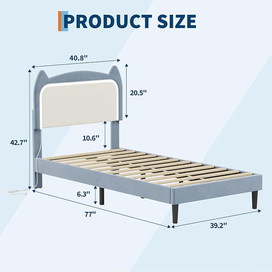 Garvee Twin Upholstered Bed Frame withCute Cat Headboard, Velvet Princess Platform Bed Frame with Sturdy Wood Slats Support for Girls/Kids, No Box Spring Needed, Blue
