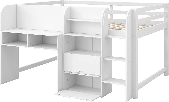 Bellemave Full Size Low loft Bed with Desk, for Kids,Wood Modern Farmhouse Full Loft Bed with Storage Cabinets,Bookcase, No Box Spring Needed, White