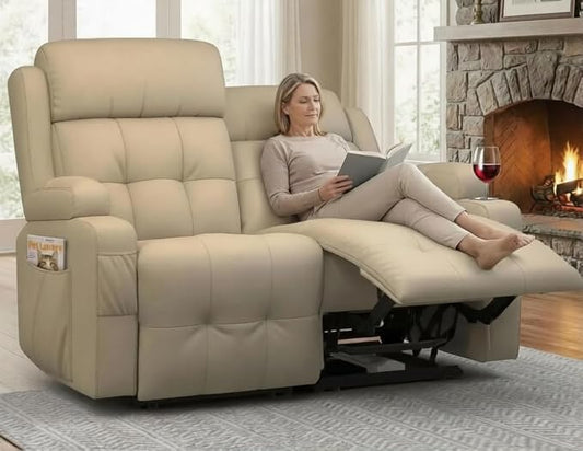 Reclining Loveseat, Wall-Hugger Loveseat Recliner Design with USB/Type C Charging & Storage & Cupholder, Pebble-Weave Fabric Recliner Sofa Couch for Living Room, Home Theater & RV Use