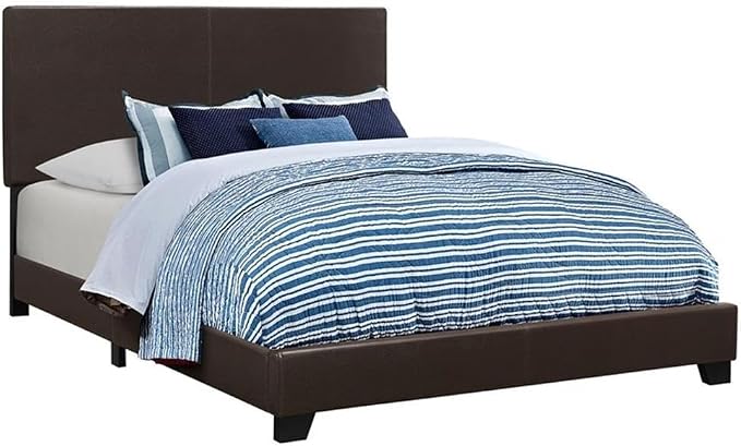 MAKLAINE 4-Piece Wood Eastern King Bedroom Set, Brown and Dark Cocoa Finish, Faux Leather Upholstered Bed, Mirror, Nightstand, Dresser, Mid-Century Modern Style Furniture for Bedroom Decor